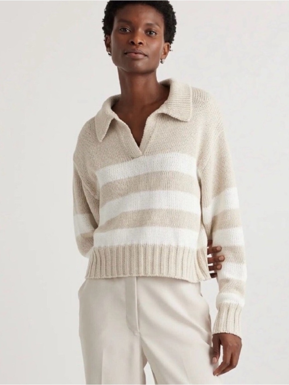 Quince 100% Organic Cotton Cropped Polo Sweater Beige/ Ivory Stripe Small EUC